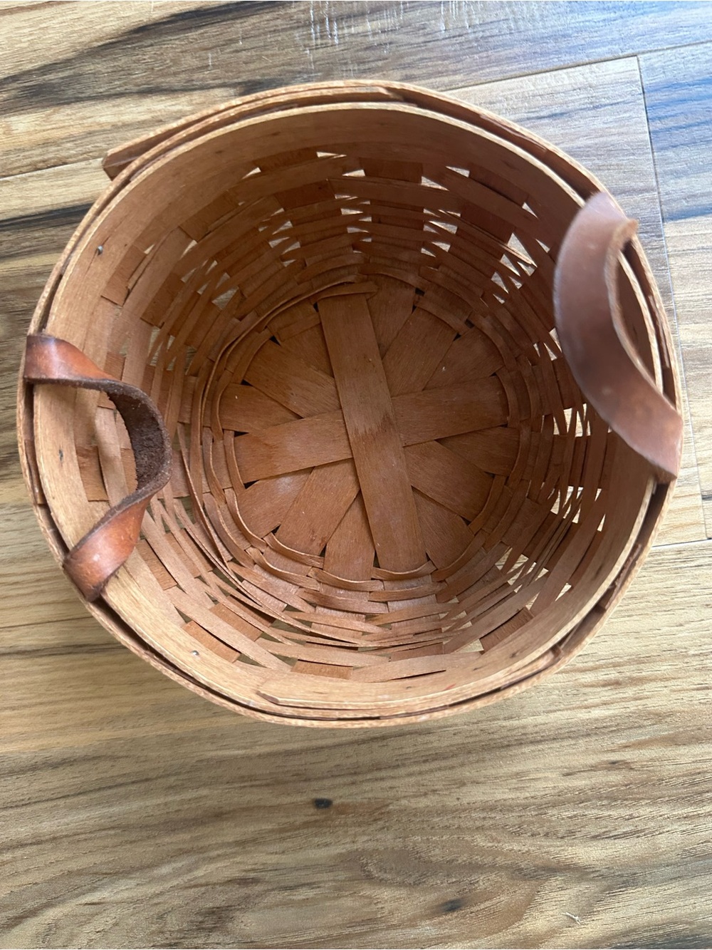 Longaberger Brown Handwoven Round Basket with Leather Handles
